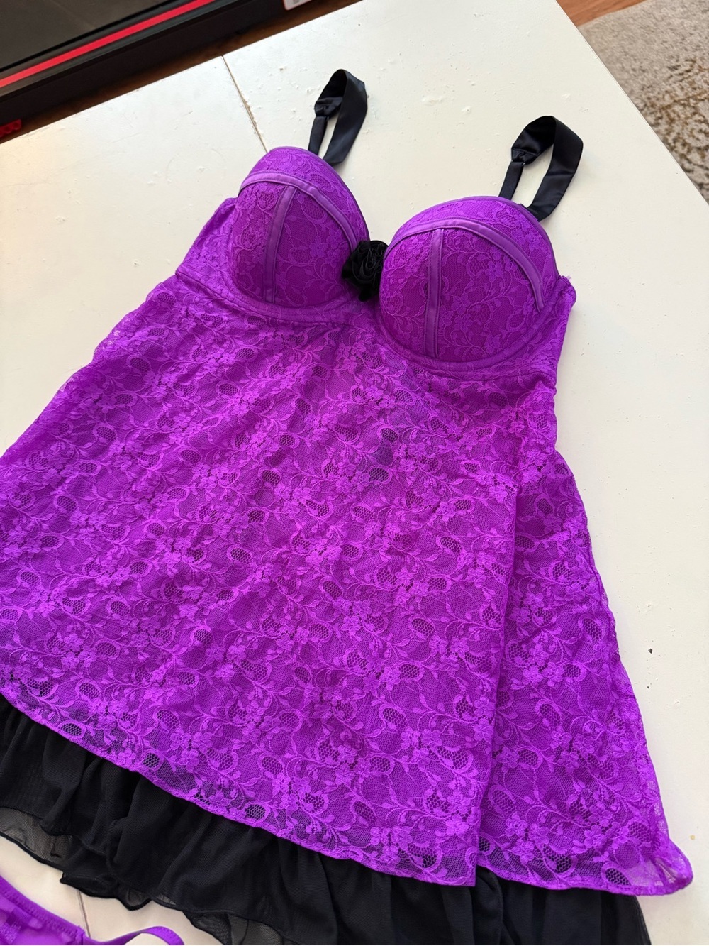 La Senza Purple Lace Babydoll Lingerie Set Thong Panty Black Rose Accent Sexy M - Picture 2 of 7